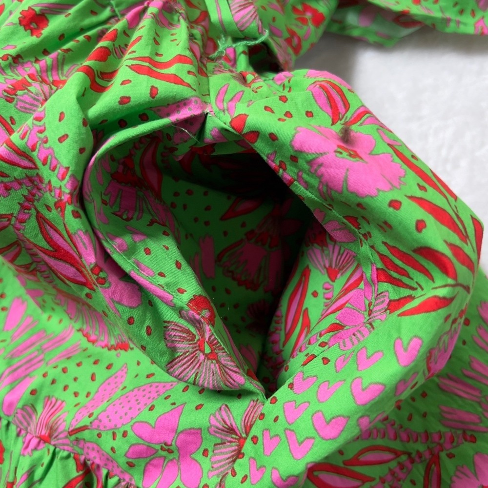 Sugarlips Tiered Midi Dress Sz M Green Pink Floral Ruffle Flutter Sleeve Belted - Picture 10 of 13